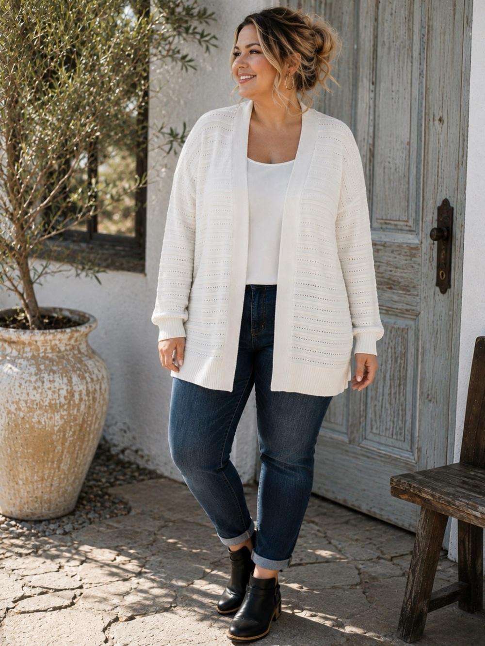 LOFT XL Ivory Open Front Pointelle Knit Cardigan Oversized Longline 100% cotton